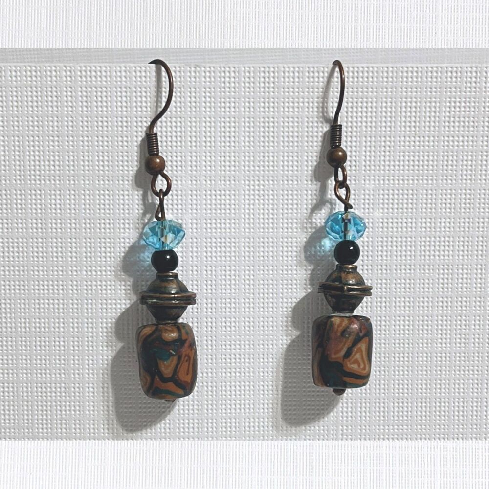 Vtg Dangle Earrings Blue Crystal Brown Antiqued Copper Bohemian Chic Hook Drop